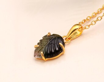 Bio Tourmaline Leaf Pendant: 925 Silver Carved Necklace