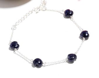 AAA Blue Sunstone Heart Bracelet: 925 Sterling Silver, Healing Crystal Jewelry, Christmas Gift