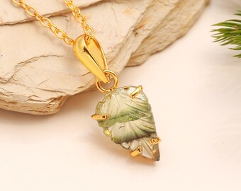 Green Tourmaline Pendant, 925 Silver Handmade Jewelry, Natural Bio Tourmaline Carved Leaf Necklace, Pretty Minimalist Pendant Gift for Women