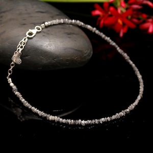 Rough Grey Diamond Bracelet, Natural Grey Diamond Beads Bracelet, 3 MM Raw Diamond Bracelet, Bridesmaid Gifts, Silver Bracelet Gift for Her