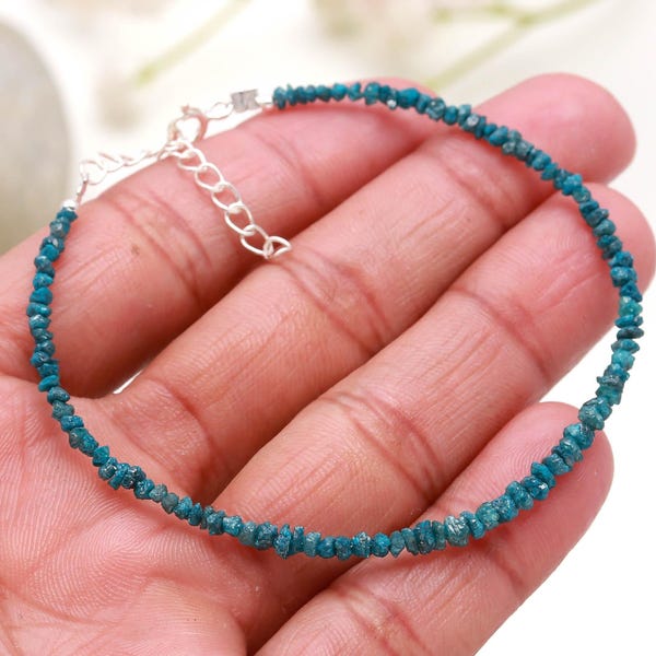 Natural Blue Diamond Uncut Bracelet, Blue Diamond Rough Beads Bracelet, 2.5-3.5 MM Raw Diamond Bracelet, 925 Silver Bracelet, Precious Gifts