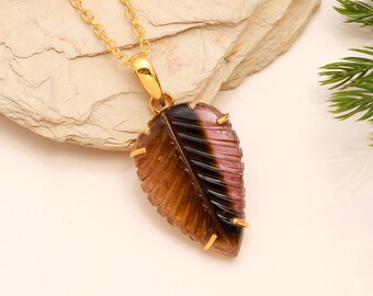Carved Bio Tourmaline Leaf Pendant: 925 Silver Handmade Necklace