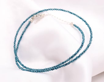 AAA London Blue Topaz Beaded Necklace, Blue Topaz Coated Faceted Round Beads Necklace, 2MM Topaz Beads Handmade Silver Jewelry, Gift for her