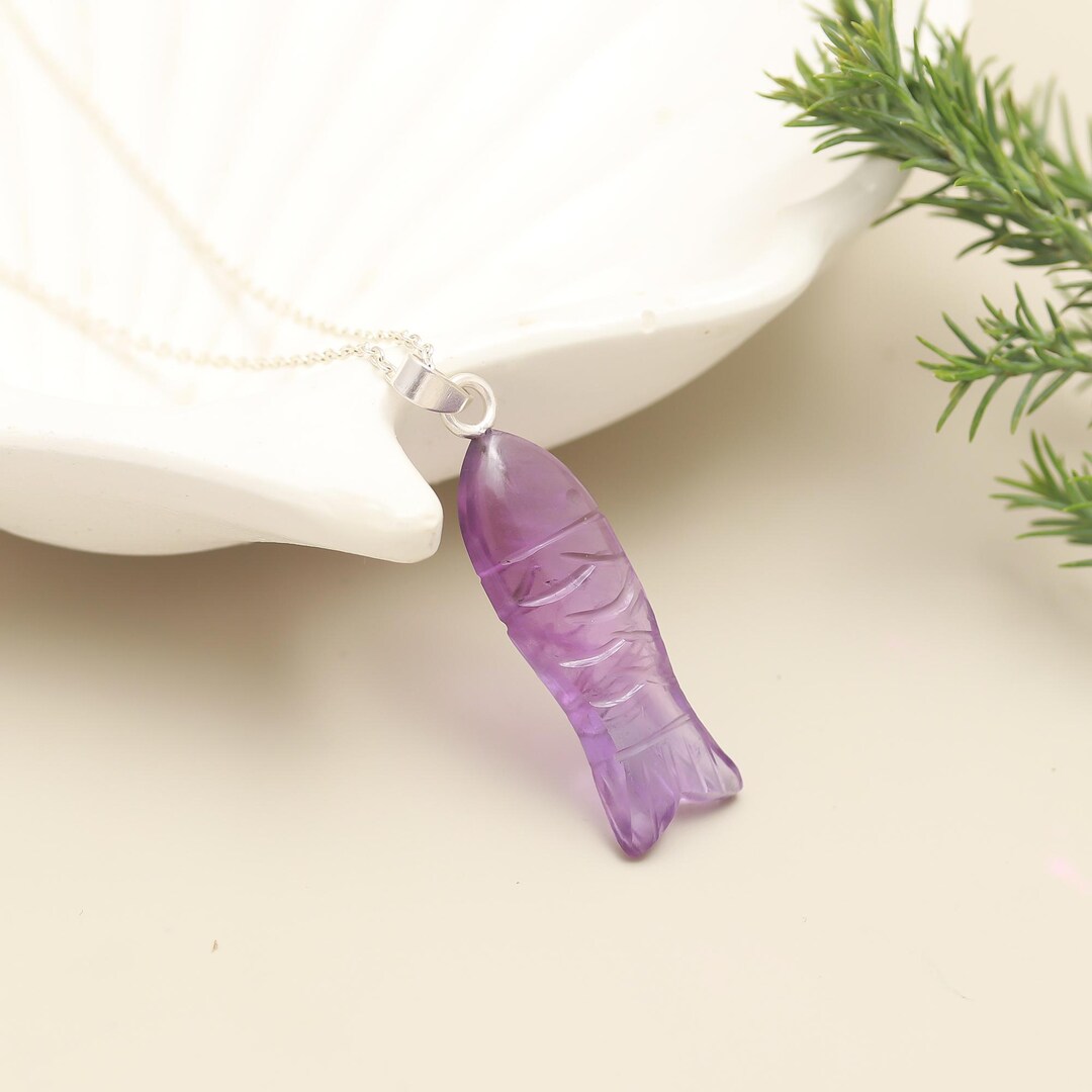 Delicate Amethyst Carved Fish Pendant, Handmade Silver Jewelry, Natural ...