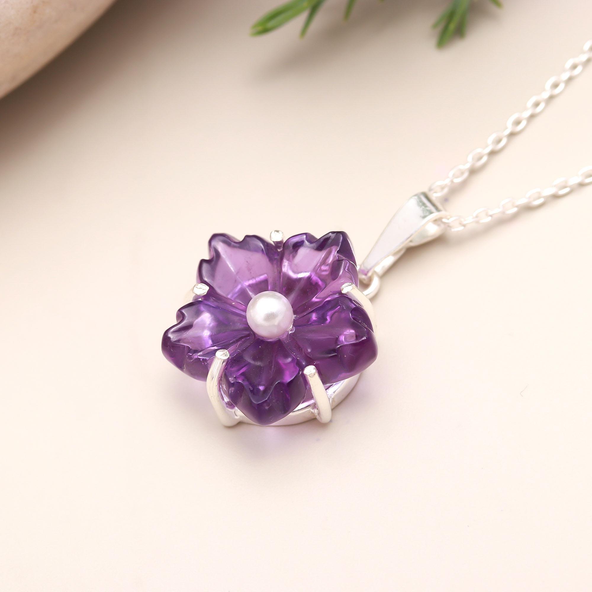 Collier Pendentif Vintage Argent Avec Améthyste Naturelle - Modèle 3877 Occasion