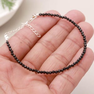 Sparkling Black Spinel Beaded Bracelet, Natural Black Spinel Jewelry, 2 MM Spinel Round Beads Anklet, Handmade Silver Bracelet, Gift for her