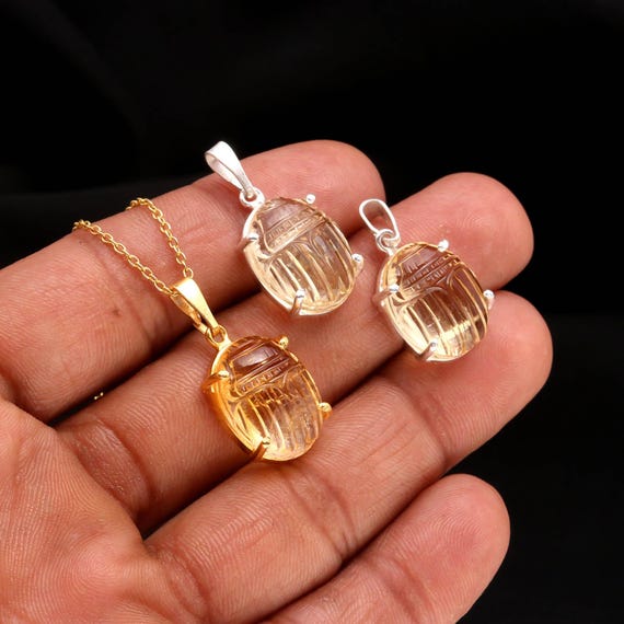 Natural Citrine Scarab Pendant: Hand Carved 925 Silver Healing Jewelry