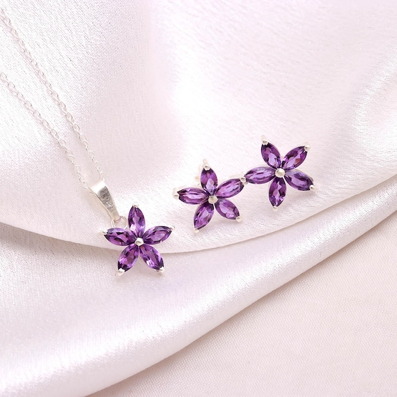 AAA Natural Amethyst Flower Silver Jewelry Set, Handmade Amethyst Earring & Pendant, Bridesmaid Floral Jewelry Set Gift, February Birthstone
