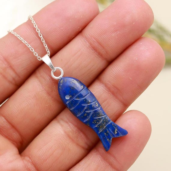 天然ラピスラズリの魚ペンダント、925シルバーのハンドメイド 