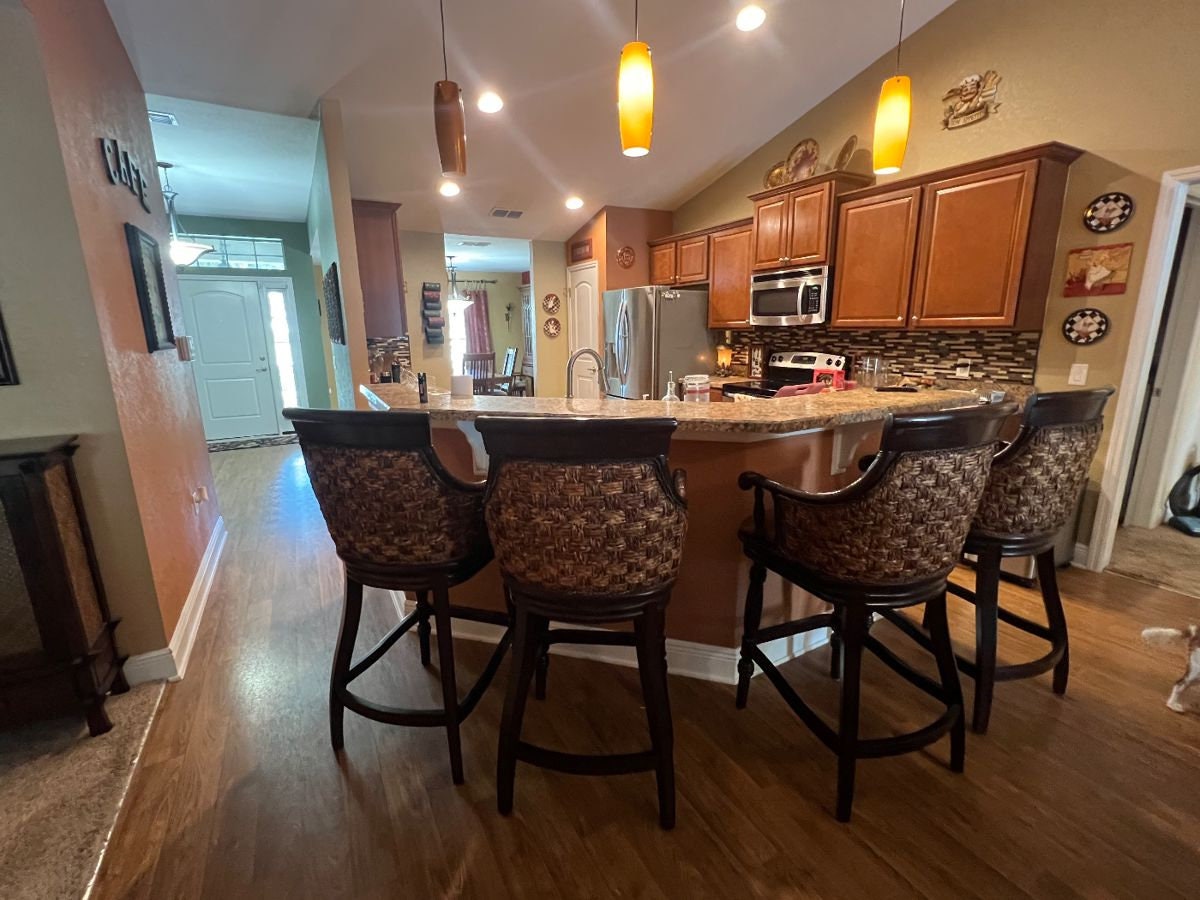 Fabulous 3 Bar Stools, Set of 3 Leather and Wicker, Swivel Wood Legs
