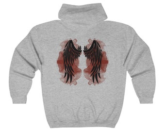 May include: A gray hooded sweatshirt with a black and white image of wings on the back. The wings are set against a red watercolor background.