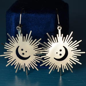 Moon and Starburst Cut Bronze Earrings | Celestial Boho Earrings | Gold Lunar Statement Earrings | Moon and Sun Earrings