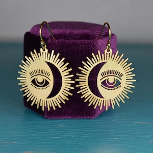Moon & Starburst with Evil Eye Cut Bronze Earrings | Celestial Boho Earrings | Gold Lunar Statement Earrings | Moon and Sun Earrings