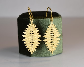 Hammered Brass Fern Leaf Earrings: Gold Geometric Boho Style