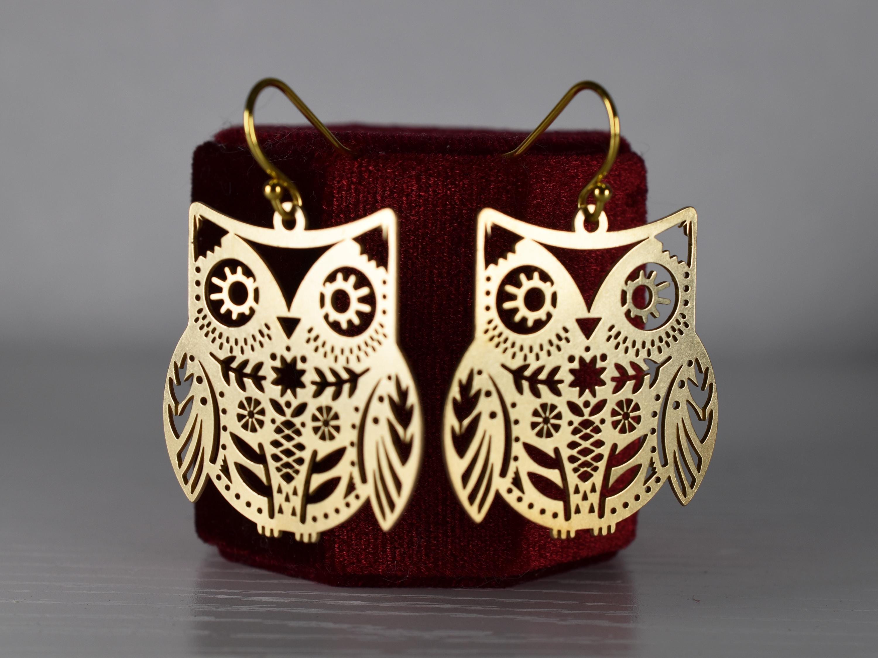 Gold Scandinavian Owl Statement Earrings: Cut Brass, Danish Style