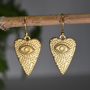 Heart Evil Eye Gold Earrings | Brass Heart Earrings | Gold Evil Eye Earrings | Valentine&#39;s Day Earrings | Good Luck Earrings | Third Eye