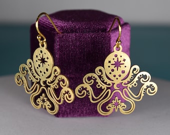 Celestial Octopus Brass Earrings: Modern Gold Plated Dangle