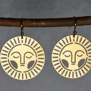 Gold Sunshine Earrings | Gold Sun with Face Dangle Earrings | Sleeping Sun Earrings