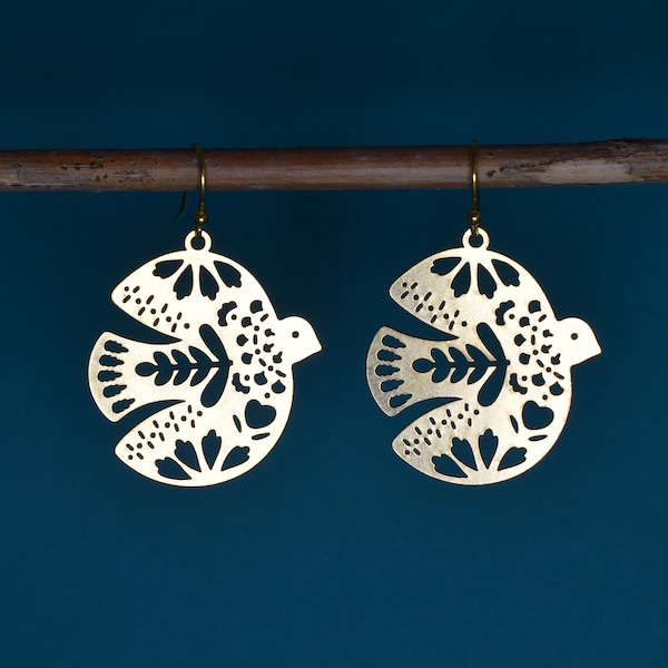 Pendientes llamativos de pájaros voladores de latón: estilo escandinavo moderno de mediados de siglo