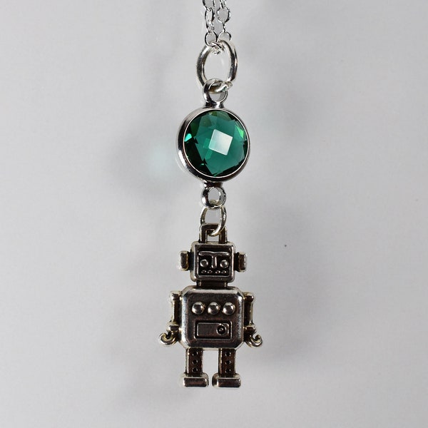 Silver Robot Necklace | Unique Silver Robot | Robot Necklace with Birthstone | Silver Robot Charm | Robot Jewelry | Birthstone Charm