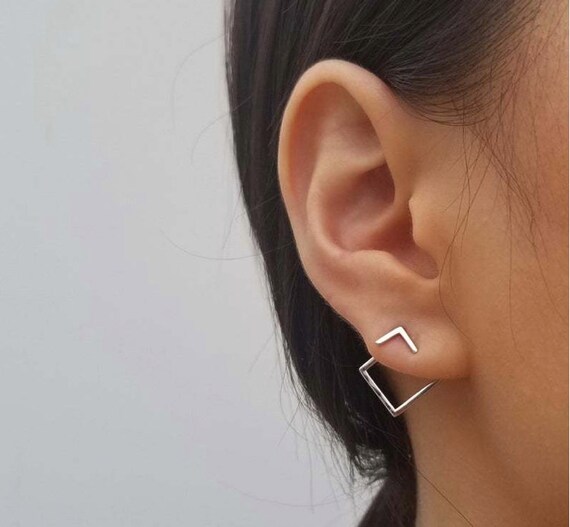 Square Ear Jacket Earrings S925 Sterling Silver 18 K Gold Square