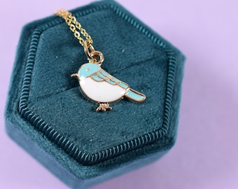 Gold Enamel Bird Necklace: Light Blue Charm, Adjustable Chain