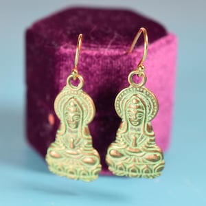 Green Patina Brass Buddha Earrings: Boho Meditating Jewelry