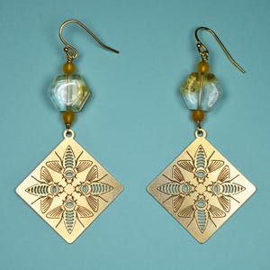 Brass Bee Earrings with Hexagon Citrine Beads | Bronze Bee Earrings | Gold Bee Earrings with Honeycomb Beads | Honey Earrings