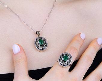 Authentic Silver Jewelry Set, Emerald Stone Silver Jewelry Set, Ottoman Design Jewelry, Vintage Style Ring Earring Necklace for Women