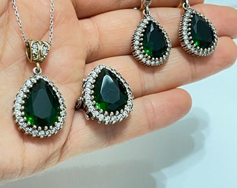 Hurrem Sultan zilveren sieradensets, smaragdgroene stenen sets, Turkse handgemaakte sieraden, 925K sterling zilveren sieradensets, cadeau voor vrouwen