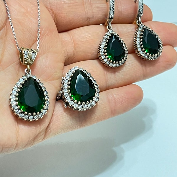 Hurrem Sultan Silver Jewelry Sets, Emerald Stone Silver Sets, Turkish Handmade Jewelry, 925K Sterling Silver Jewelry Sets, Gift For Women