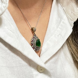 Emerald Stone Silver Necklace, Turkish Handmade Silver Pendant, Ottoman Style Jewelry, Authentic Design Pendat, 925 Sterling Silver Necklace