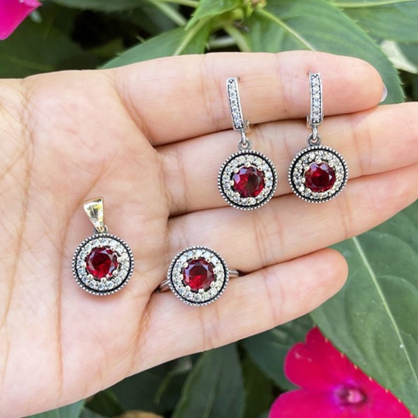 Minimalist Ruby Silver Jewelry Set, Authentic Design Silver Jewelry Set, Ruby Earring Ring Necklace Silver Jewelry Set