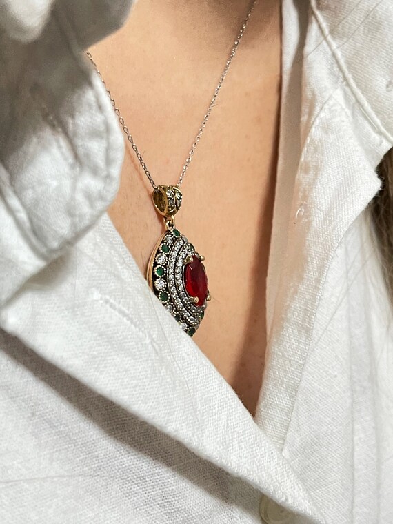 Sterling Silver Ottoman Style Pendant Ruby Stone Silver Necklace