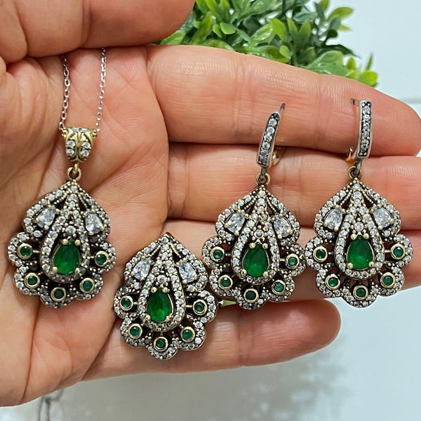 Ensembles de bijoux faits à la main turcs émeraude, bijoux en argent de style ottoman, bijoux en argent de conception antique