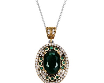 Oval Emerald Silver Necklace, Anatolia Inspired Silver Pendant Necklace, Ottoman Queen Jewelry, Luxury Women's Gift Idea