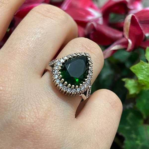 Ottoman Style Silver Ring, Emerald Stone Silver Ring, Hurrem Sultan Silver Ring, 925 Sterling Silver Ring, Authentic Design Ring, For Women