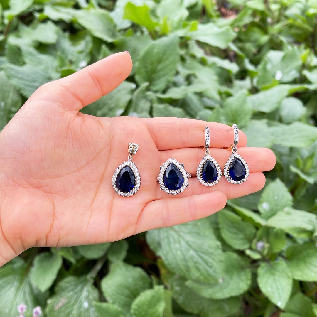 Sapphire Stone Ottoman Silver Jewelry Set, Authentic Silver Jewelry Set