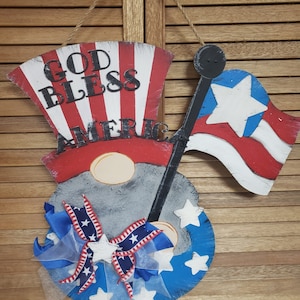 Americana God Bless America Gnome Door Hanger Sign