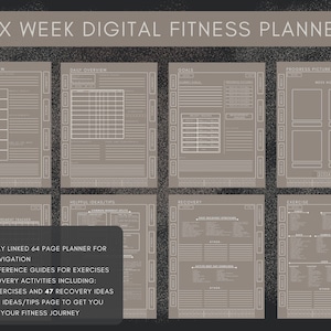 May include: A digital fitness planner with six weeks of planning pages. The planner includes sections for weekly and daily overviews, measurements, goals, progress pictures, helpful ideas and tips, recovery, and exercise. The planner is designed to help you track your fitness journey.