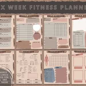 May include: A six-week fitness planner with sections for journey overview, weekly overview, daily overview, goals overview, exercises, recovery, measurements, and progress pictures. The planner has a brown and beige color scheme with a textured background.