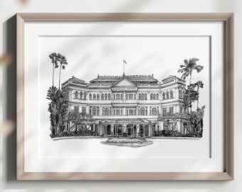 Raffles Hotel Singapore, Printable Wall Art, Instant Digital Download, Home Decor, Ink Painting, Pen and Ink Drawing, Asian Architecture