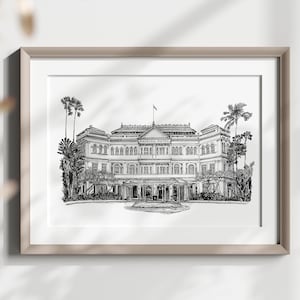 Raffles Hotel Singapore, Arte de pared imprimible, Descarga digital instantánea, Decoración del hogar, Pintura con tinta, Dibujo con pluma y tinta, Arquitectura asiática