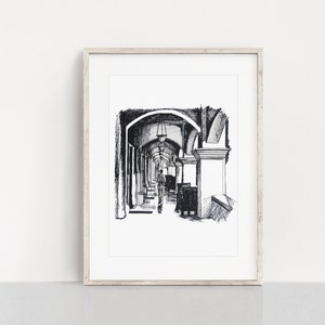 Raffles Hotel Hallway, Printable Wall Art, Instant Digital Download, Singapore Icon Landmark, Asian Art, Ink Painting, Home Office Decor
