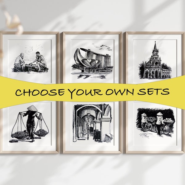 Set of Black and White Ink Painting Wall Art Sets, Printable Art Download, Set of 2, Set of 3, Custom Gallery Wall Set, Choose Your Own Set