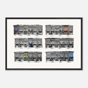 Singapore Peranakan Shophouses Colour Fine Art Wall Print, Framed Poster, Canvas Print