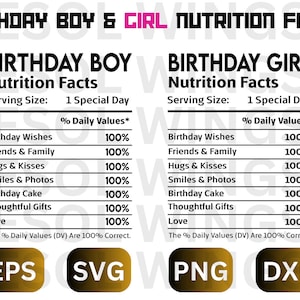 May include: A digital graphic with a nutrition facts label for a birthday. The label lists birthday wishes, friends and family, hugs and kisses, smiles and photos, birthday cake, thoughtful gifts, and love, all with a value of 100%. The graphic also includes the text "Birthday Boy & Girl Nutrition Facts" and the file formats EPS, SVG, PNG, and DXF.