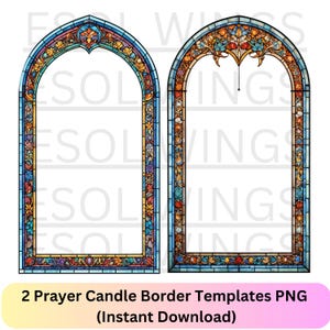 May include: Two printable stained glass style borders in PNG format. The borders are arched and feature a blue, red, yellow, and green floral design.