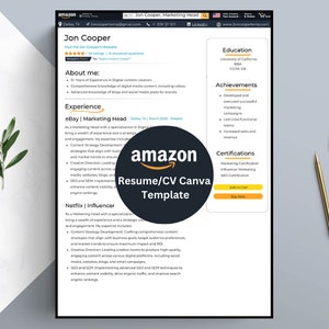 May include: A resume template designed for Amazon, featuring a blue and white color scheme with the Amazon logo and the text "Resume/CV Canva Template". The template includes sections for education, achievements, certifications, and experience.