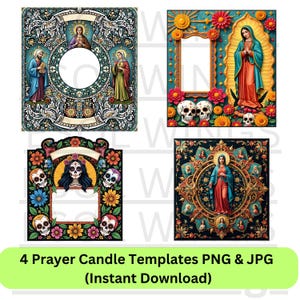 Tall Cylinder prayer Candle custom Labels stickers Design (Set of 4) memorial and Christmas Our Lady of Guadalupe Feast Day PNG & JPG